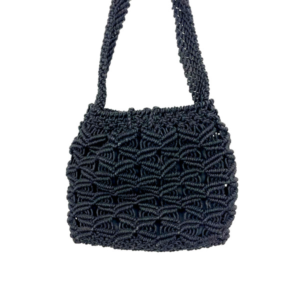 Vintage Black Macrame Boho Single Handle Handbag Purse Toggle Closure - Picture 2 of 8